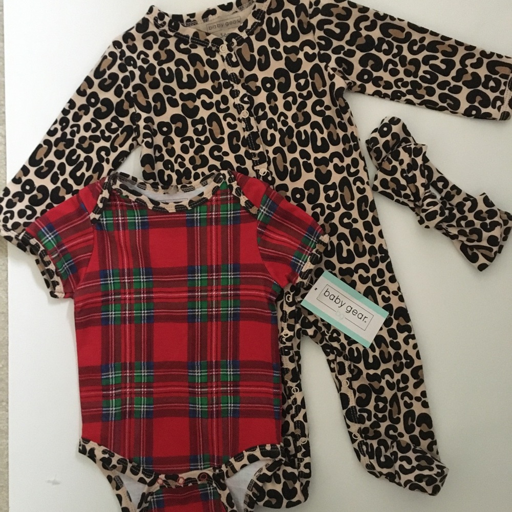 Baby Gear (3-6M) Red Plaid Bodysuit & Leopard One-Piece Set with Headband